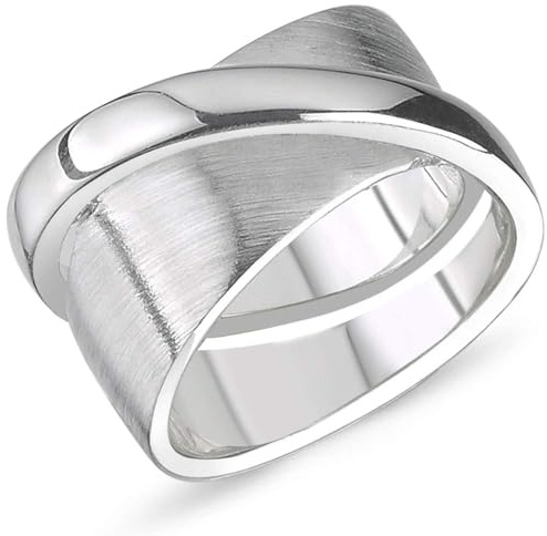 Vinani Damen Doppelring 925 Sterling Silber – Flache und Abgerundete Bänder mit Glänzender und Matter Oberfläche, Modernes zeitloses Schmuckstück für Frauen, Handgefertigt Größe 60, 2RCA60