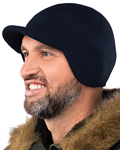 2SBR 2SABERS Fleece Winter Beanie with Visor - Men Women - Earflap Brim Skull Watch Cap Hat Dark Navy Blue
