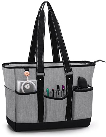 Damero Nurse Tote Bags, Nurse Shoulder Bag with Padded Laptop Sleeve and Mutiple Pockets for Work, Home Health Care, Gray