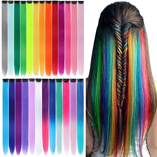 Vebetter Farbiger Haarverlängerung Clips, 24PCS Bunt Haarverlängerungs Clip Regenbogen Farbe Gerade Synthetisch Haarteil Party Highlights Bunte Clip in Haarverlängerungen für Frauen, Kinder, Mädchen.