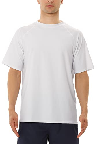 MASOCIO T Shirt Anti UV Homme Tee Shirt à Manche Courts Rashguard T-Shirt UPF 50+ Maillot de Bain Hauts Baignade Surf Natation Plage Séchage Rapide Blanc Taille 3XL