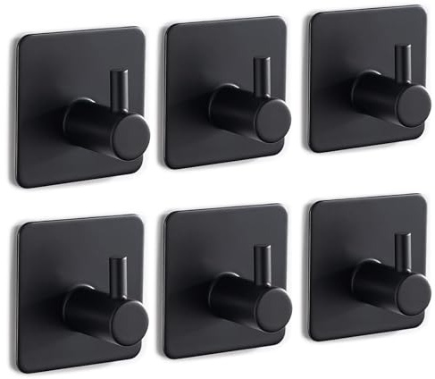 Ruimooto Toallero sin taladrar, juego de 6 ganchos negros autoadhesivos, ganchos para toallas de baño y cocina, color negro