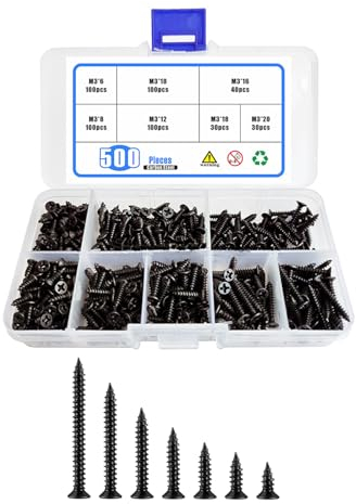 ORTAVA 500 Stück Selbstschneidende Blechschrauben Schrauben,Schwarze Schrauben,Flachkopf Kreuzkopf Schrauben,Möbel Maschine Schrauben Sortiment Set M3