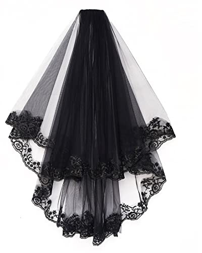 Caiguoer Velo de encaje negro para boda, con flores góticas, para novia, Halloween, fiesta, velo con peine, accesorios de cosplay para mujeres y niñas