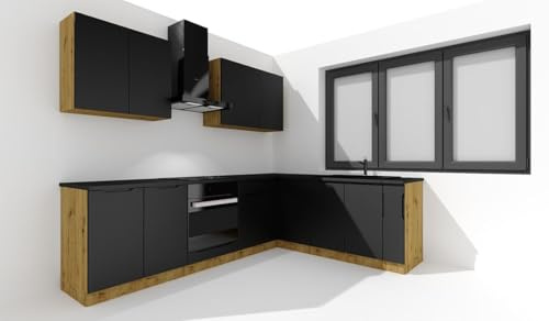 PEGANE Cuisine complète d'angle ISYA 9 éléments Couleur Noir/Chêne Artisan - Longueur 200/260 cm