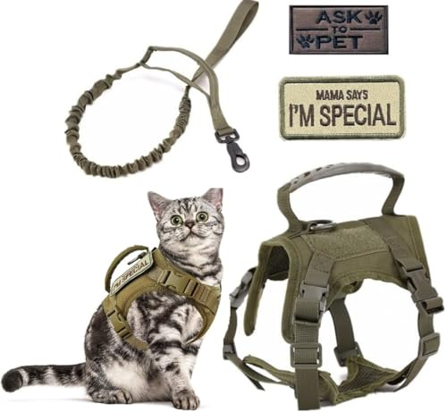 ZHHSUNY taktisk kattsele, justerbar promenadesele för husdjur med broderat logotyp, lätt att kontrollera, reflekterande dragremme för katt andningsbar och rymningssäker (militärgrön)
