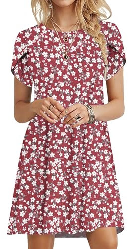 PLOKNRD Summer Dresses for Women UK Elegant Petal Short Sleeve T-Shirt Dress Crew Neck Casual Loose Swing Holiday Beach Dress with Pockets(Red Flowers,M)