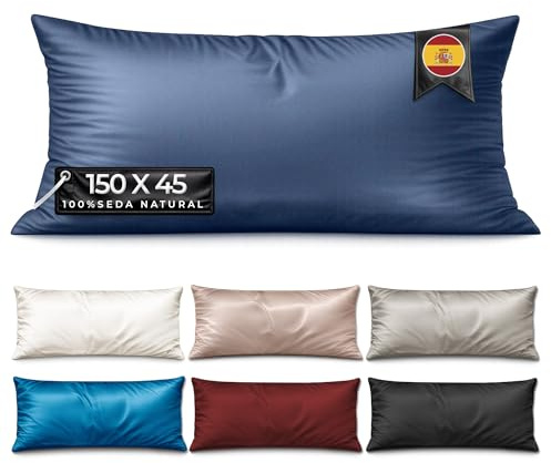 Funda Almohada Seda 150 cm - MELOPIDO - Seda Morera 22 Momme 6A Mulberry Natural hipoalergénica Transpirable antiácaros termorreguladora Cuidado Piel Cabello - 150x45 cm Azul Navy