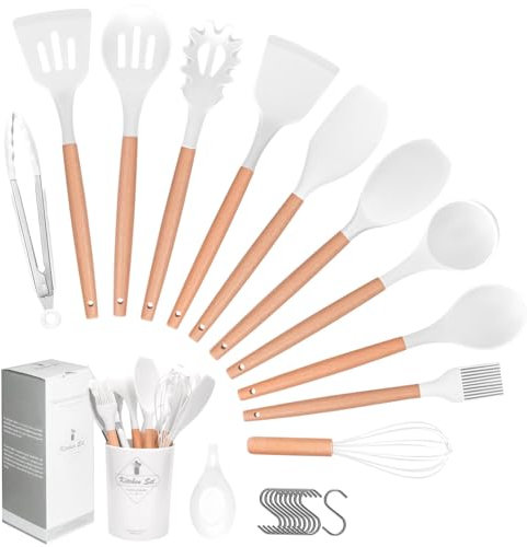 Hoewphofly Utensili Cucina Set, 23 Pezzi Set di Utensili da Cucina in Silicone con supporto, Antiaderenti, Lavabili in lavastoviglie, Design resistente al calore (Bianco Crema)