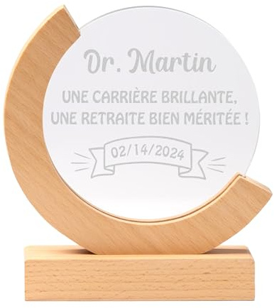 KDO MAGIC - Trophée Personnalisable - Coffret Cadeau Inclus - Trophée Verre personnalisé - Texte, prénom ou Date gravé - Rond Bois - Anniversaire, récompense, Retraite - Thème Texte