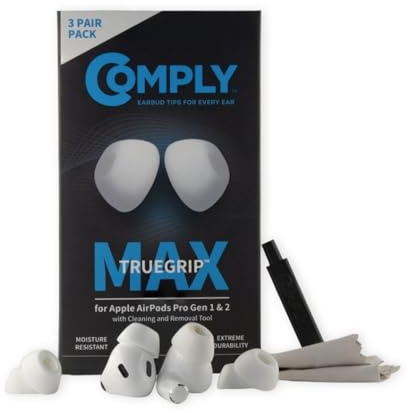 Comply TrueGrip MAX Premium minnesskum reserv öronspetsar, vit (S/M/L) | 3 par, för Apple AirPods Pro 1 och 2, långvarig komfort, extrem hållbarhet, säker passform, överlägsen brusisolering