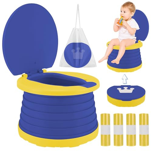 WC Portatil Niños Orinal Plegable Vater Inodoro Plegable Orinales Infantiles Bacio Portátil Urinal Potty Training Niño Penico Vasenilla Niña + 60PCS Bolsas Orinal Portatil para Viaje Camping (Azul)