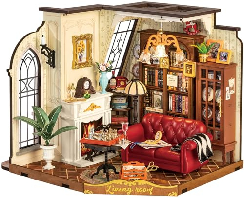 ROBOTIME Kit Casa delle Bambole in Miniatura Catherine’s Living Room, Kit Modello in Legno con Luci LED, Miniature da Costruire per Adulti, Regalo Creativo Vintage per Donne e Ragazze