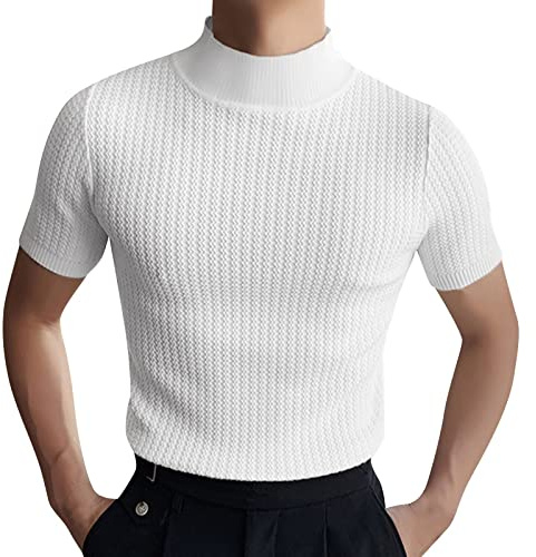 Haut à col Montant pour Homme, Chemise côtelée à col roulé à Manches Courtes et col Haut, Pull Thermique d'automne, Tops Blancs à col Montant pour Hommes, M