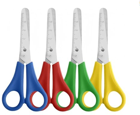 SiumPklay 4-Pack Kids Safety Scissors Set - Blunt Tip Preschool Craft Scissors with CM-Scale, Red, Green, Yellow, Blue (Stainless Steel Blades, Ergonomic Handles)