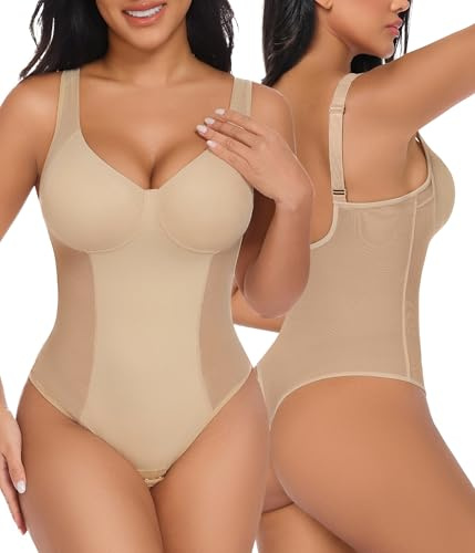 Niwicee Body Moldeador Mujer Fajas Reductoras Mesh Sexy Bodysuit Shapewear Reductor Abdominal Control de Abdomen Tanga Body Moldeador Invisible Tirantes Ajustables Body Shaper