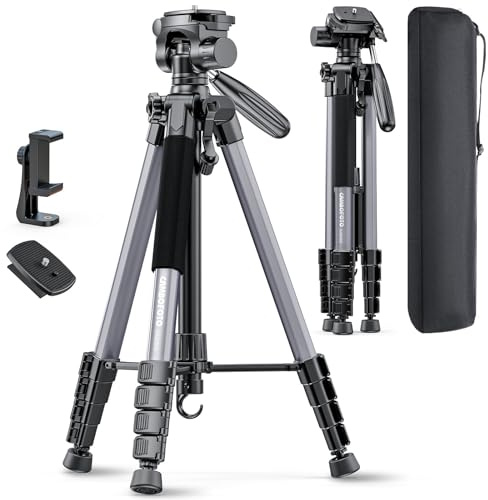 CamBOFOTO Camera Tripod, 188 cm lätt aluminium reseförgrening, justerbart stativ med panhuvud, 1/4 tum snabbutlösningsplatta, telefonhållare och bärväska för DSLR kamera/smartphone, grå