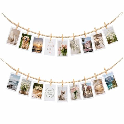 FontFable Guirnalda de cuentas de madera bohemia con clips para colgar fotos, pancartas, tarjetas de collage, soporte de arte para niños, cuerda con 9 clips para dormitorio, sala de estar, oficina