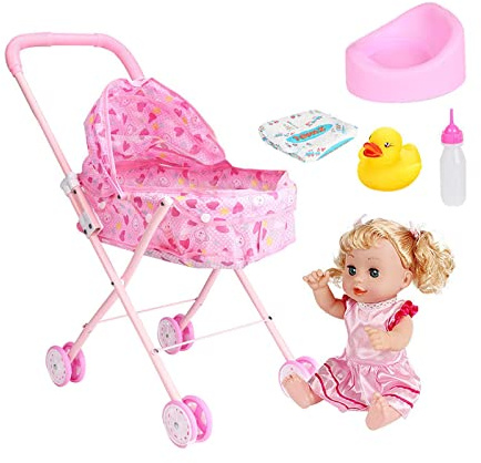 DuskHaven Bella Bambola Bambina con Carrozzina Pieghevole per Bambini, Giocattolo per Giocare a BJD, Casa per Giocare, Decorazione per La Casa, amore, Taglia unica bambino