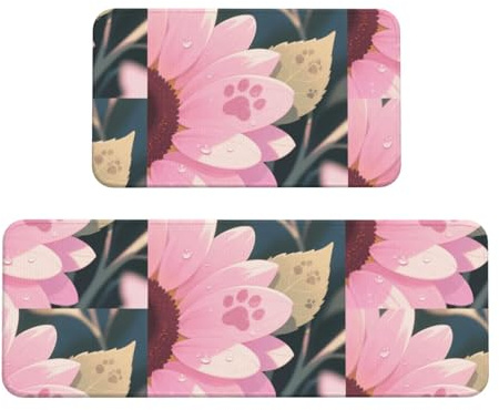 Dog paw Prints and Pink Sunflowers Kitchen Rugs Set of 2, Cushioned Anti-Fatigue Kitchen Mats for Floor, Waterproof Comfort Standing Mat Absorbent Velvet Kitchen Runner Rugs 17x30+17x47