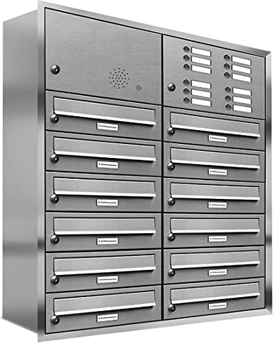 AL Briefkastensysteme, 12er Unterputzbriefkasten, Briefkasten mit Klingel, 12 Fach, Briefkastenanlage modern, rostfrei Edelstahl Postkasten