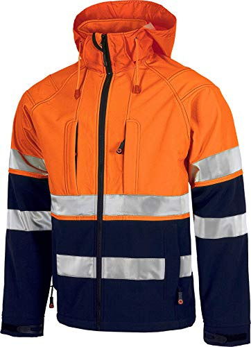 WORKTEAM Chaqueta Softshell Trabajo Alta Visibilidad Repelente al Agua Corta Vientos y Térmica, Unisex Marino+Naranja A.V. L