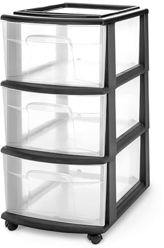 HOMZ Drawer Tower, 3-Tier Clear Plastic Storage Organizer Cart, Black Frame – Organizing Containers with Wheels for Home, Bathroom, Bedroom, Office, and Classroom