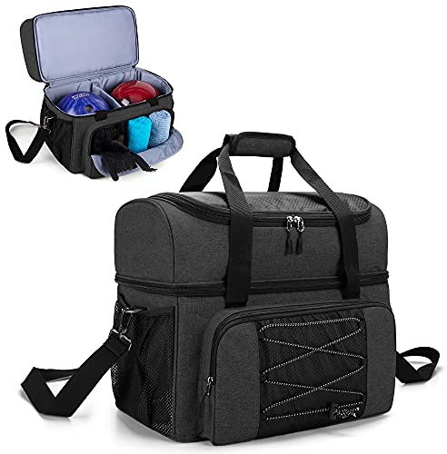 DSLEAF Bowlingtasche für 2 Bälle mit Holzballhalter und gepolsterter Trennwand, EIN Paar Bowlingschuhe und zusätzliche Essentials, nur Tasche