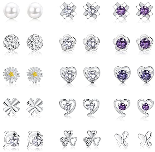 MILACOLATO 15 Pairs Silver Stud Earrings for Women Hypoallergenic Girls Earrings 925 Sterling Silver Stud Earrings Set Cute Tiny Pearl Crystal Round Heart Flower Butterfly Cubic Zirconia Stud Earrings