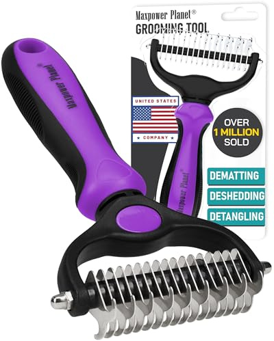 Maxpower Planet Pet Grooming Brush - Double Sided, Extra Wide for Dogs and Cats - Dematting Undercoat Rake, Reduces Shedding by 95%, Purple