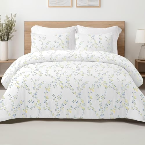 Exclusivo Mezcla Edredón 220x230cm con 2 Fundas de Almohada, Ligero y Cálido Edredón Nórdico para Cama Doble con Estampado de Flores, Adecuado para Cualquier Temporada, Blanco