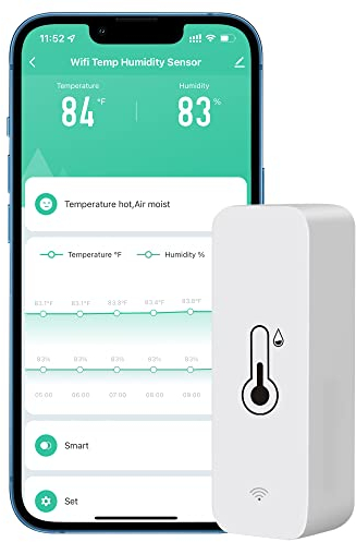 Phovolt capteur de thermomètre hygromètre wifi pour la maison. Moniteur d'humidité de température sans fil intérieur et extérieur avec alerte de notification d'application à distance, fonctionne avec