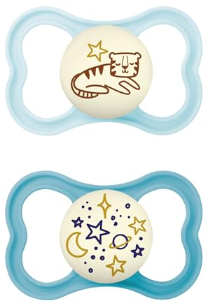 MAM Supreme Night Schnuller im 2er-Set, leuchtender Babyschnuller für eine gesunde Zahn- und Kieferentwicklung, beugt Hautreizungen vor, mit Schnullerbox, 16+ Monate, Tiger/Universum