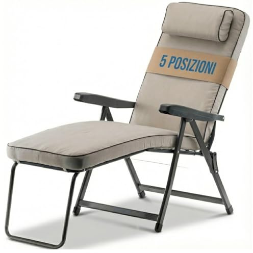 Tomaino - Sedia Sdraio Imbottita da Casa - Poltrona per Interno ed Esterno con Poggiapiedi e Morbido Cuscino Reclinabile in 5 Posizioni - Ideale per Casa Giardino Campeggio (Con Piedino, Ecrù)