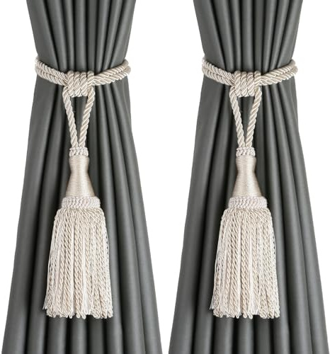 BEL AVENIR Alzapaños de cortina con borlas, modernos lazos de cuerda para cortinas para cortinas, elegantes alzapaños decorativos para cortinas al aire libre con borla (beige, paquete de 2)