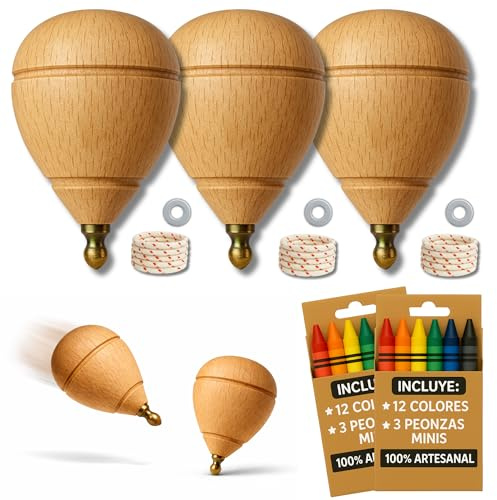 AF® - Trottola legno, Set: 3 Mini Trottole per Bambini (48mm) + 12 Cere Colorate + 3 Rondelle per Corda | Personalizza la tua Mini Trottola in Legno