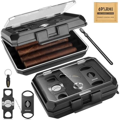 KEJIAR Travel Cigar Humidor Scatola per sigari portatile con taglierina per sigari 3 in 1 taglio a V, taglierina per sigari 2 in 1 taglio dritto, punzone per sigari, confezione di umidità