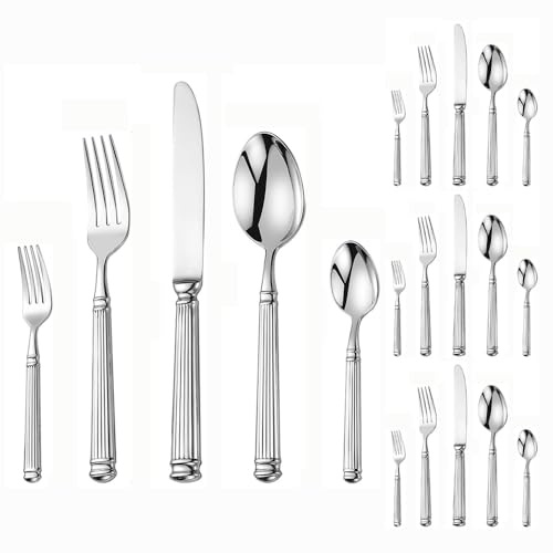 Light Luxury Forged Solid Roman Column Handle Kitchen Stainless Steel Silverware Tableware Flatware Cutlery Set Steak Knife Fork Spoon Teaspoon (Silver,20 Pieces)
