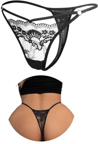 ohyeahlady Mini String Ouvert Femme Sexy Chic Hot Ficelle Grande Taille String Tanga Dentelle Coton sans Couture Micro String Bain Bikini Lingerie Femme Dentelle sous Vetement T-Back(XXL,Noir)