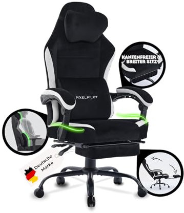 PixelPilot®Ergonomischer Gaming Stuhl [Atmungsaktiver Stoff] Chair mit Fußstütze, Kopf- und Lendenwirbelstütze, Gamer PC Stuhl [breite Sitzfläche] Bürostuhl 150 kg Belastbarkeit (Nebula, Schwarz)