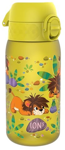 ION8 Gourde Enfant, 350ml, Anti-Fuite, Facile à Ouvrir, Verrouillage Sécurisé, Lavable en Lave-Vaisselle, Sans BPA, Poignée de Transport, Facile à Nettoyer, Carbone Neutre, Motif Lionceaux