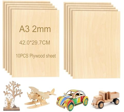 DeJivsin 10pcs Contreplaqué A3, Feuilles de Balsa, Feuille de Bois, Feuilles de Contreplaqué 420x300*2mm, Feuilles de Contreplaqué non fini, Panneaux de Bois pour Modèles DIY