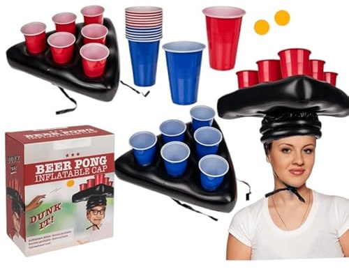 BLUECHOLON Set di Beer Pong gonfiabile, set da bere, ideale per feste e addio al celibato, cappello pong.