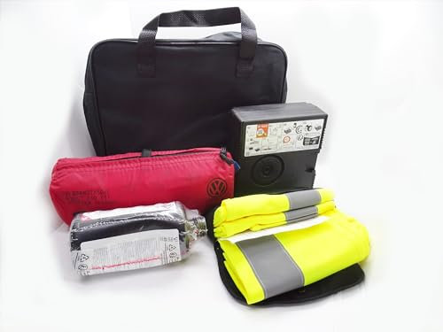 Partsdealers GENUINE TYRE PUNCTURE REPAIR KIT/EMERGENCY SET FOR VW AUDI SEAT PUMP AIR COMPRESSOR INFLATOR SEALANT BOTTLE + FIRST AID KIT + 2x HI VEST + BAG SET