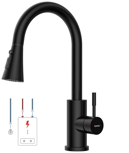DAYONE Niederdruck Armatur Küche Schwarz, Küchenarmatur Ausziehbar mit 3 Strahlarten, Edelstahl Mischbatterie mit 3 Anschlüssen, 360° Drehbare Wasserhahn Küche, Niederdruck Spültischarmatur für Boiler