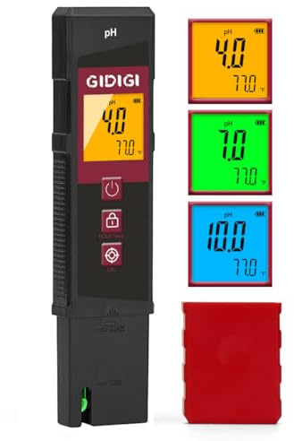 GIDIGI Digital pH Meter High Accuracy Portable Water Tester with Calibration Powders Color LCD Backlit Display with pH Test Strip Function for Lab Pools Hydroponics Aquariums Hot Tubs Drinking Water