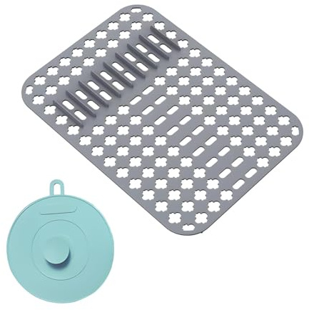 Alfombrilla Fregadero Cocina de Silicona, con Cepillo de Limpieza, Buena Resistencia al Calor y Antideslizante, Apto para Lavavajillas, Adecuado para Fregaderos de Cocina (40 × 29 × 1 cm) (Gris)