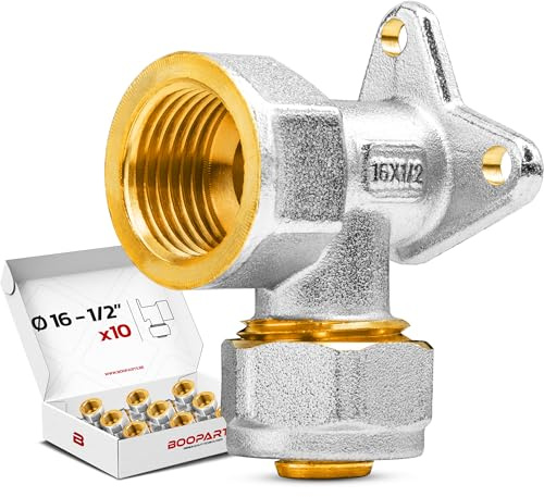 BOOPARTS – Set 10 Pezzi – Raccordo Murale a Compressione Ø16-1/2F | Gomito 90° Filetto Femmina 1/2 a Vite | Per Tubo PEX-AL-PEX 16mm Senza Pressatrice | Supporto a Muro