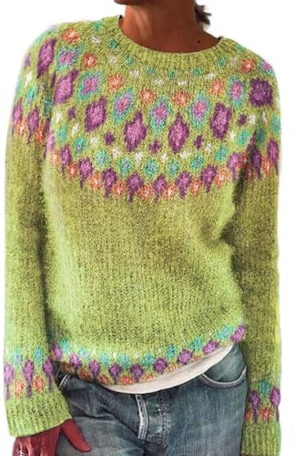 Fairisle Jumpers for Women UK Long Sleeves Icelandic Sweaters for Women Soft Comfortable Nordic Jumpers Cosy Warm Fashion Crew Neck Autumn Sweaters Plus Size Casual Pullover Tops Ladies Knitwear
