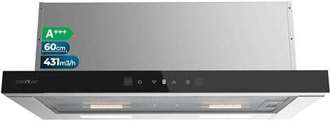 Cecotec Campana Extractora 60cm Telescópica Bolero Flux TLT 604400 Glass Black A+++. Succión 431,2m³/h, Bajo Consumo, Motor DC, Control de Movimiento y Táctil, Cristal Frontal Negro, Cuerpo Acero Inox